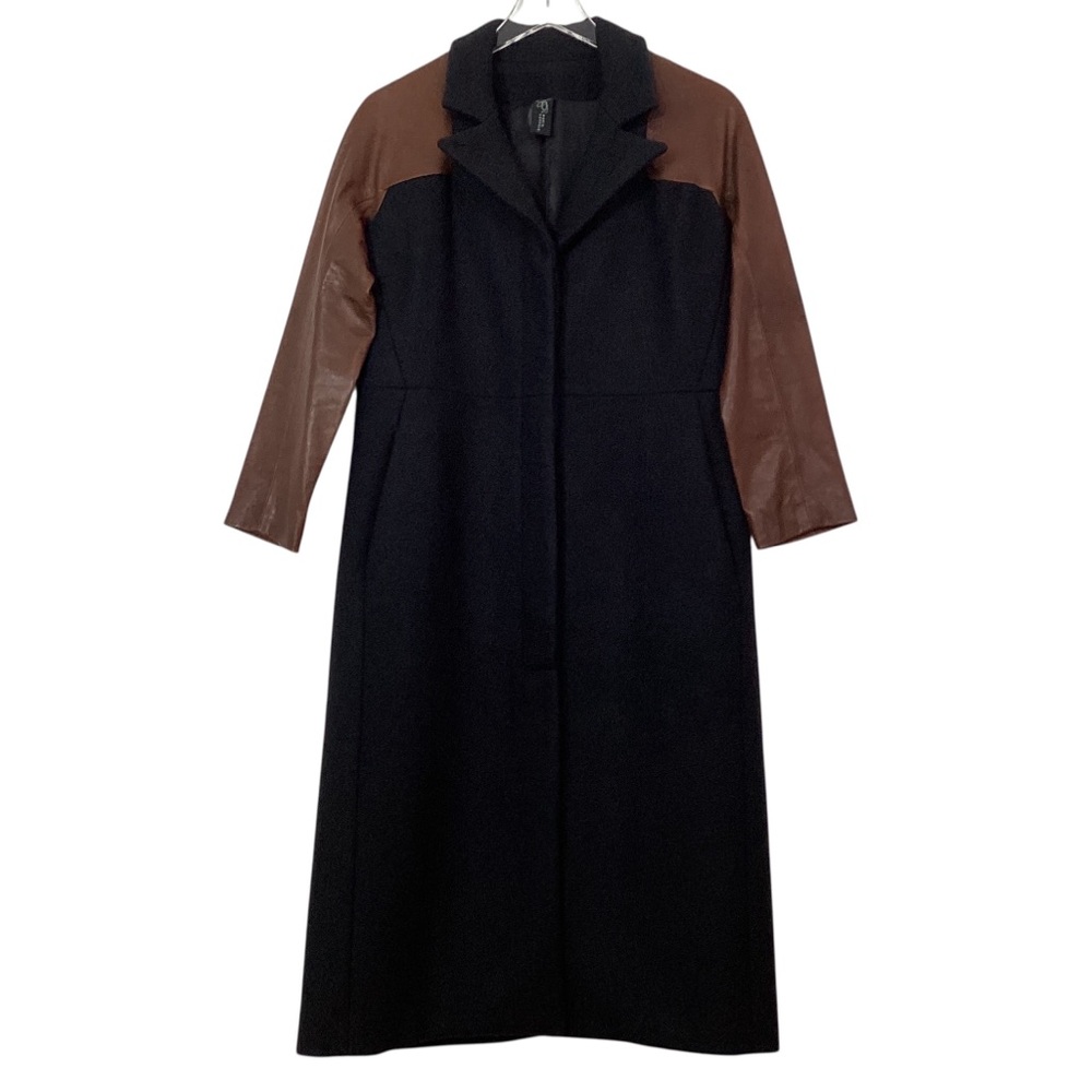 Zero + Maria Cornejo Long Coat Size 4 Black Wool Blend Brown Leather Sleeves